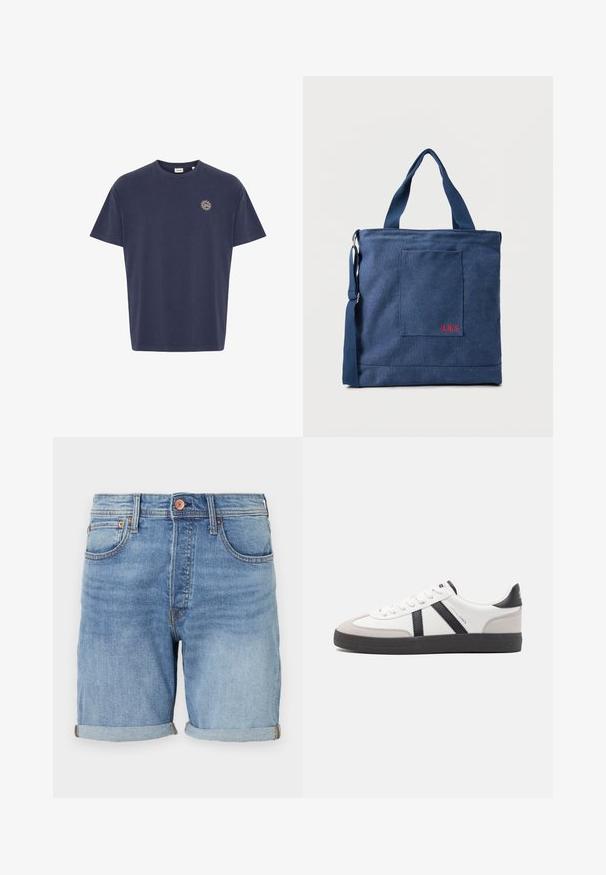 Navyblauwe katoenen t-shirt, korte mouwen, ronde hals, met een klein zonembleem in goud op de linkerborst. Klassieke rechte snit.; Lichtblauwe denim shorts met een klassieke snit, omgeslagen zoom, voorzakken en koperen knoopdetails. Zachte textuur en casual ontwerp.; Witte sneaker met zwarte en grijze accenten, voorzien van een grijze neus met textuur, zwarte rubberen zool en platte witte veters. Schoon ontwerp, minimalistische stijl.; Blauwe canvas tas met voorvak en rode "O.N.S" borduring, voorzien van dubbele handvatten en een verstelbare schouderriem.