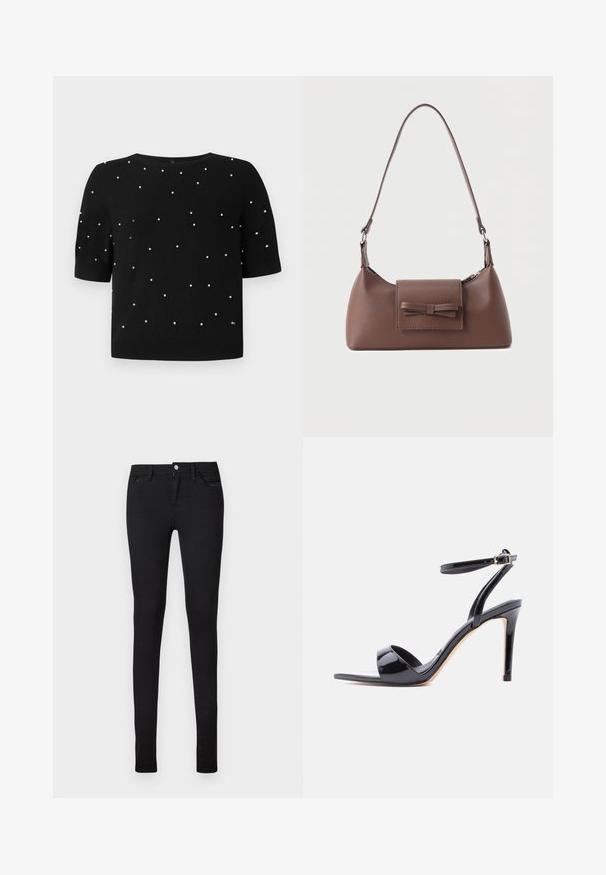 Pull noir à manches courtes avec un col rond et des accents en perles blanches dispersées sur le devant. Tissu tricoté avec une texture lisse.; Jean noir slim fit avec fermeture frontale par bouton et zip, passants pour ceinture, poches avant et arrière, présenté sur fond blanc.; Sandale à talon haut en cuir verni noir, à bout ouvert, avec bride à la cheville et fermeture à boucle, vue de profil sur fond blanc.; Sac à bandoulière en cuir marron avec une poche à rabat avant ornée d'un détail en forme de nœud cousu et une sangle réglable.