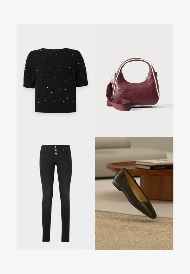 Sort kortærmet sweater med rund halsudskæring og spredte hvide perleaccenter på fronten. Strikket stof med en glat tekstur.; Sorte skinny jeans lavet af denim, med høj talje og tre sølvknapper samt et klassisk design med fem lommer.; Sort flad lædersko med afrundet firkantet tå på et beige vævet tæppe, med et træsofabord og stablede bøger i baggrunden.; Mørkerød vævet lædertaske med buet hank, hvid kant, sølv lynlås og aftagelig bred stofskulderrem mod en ensfarvet baggrund.