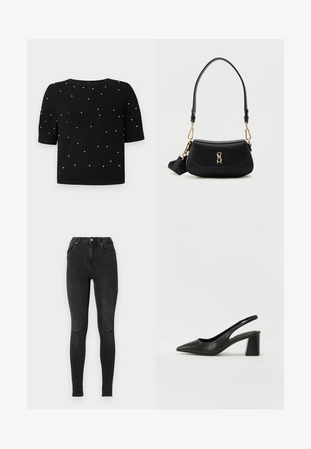 Sort kortærmet sweater med rund halsudskæring og spredte hvide perleaccenter på fronten. Strikket stof med en glat tekstur.; Sorte skinny jeans lavet af denim med høj talje, slidte detaljer ved knæene og en klassisk fem-lomme-design.; Sorte læderslingback hæle med spids tå og blokhæl. Har et udsparingsdesign og en glat tekstur, minimalistisk og moderne.; Sort læderhåndtaske med en struktureret form, gulddetaljer og logodetalje. Har en aftagelig rem for alsidighed.