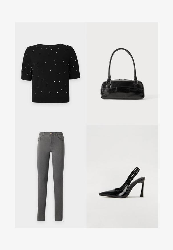 Sort kortærmet sweater med rund halsudskæring og spredte hvide perleaccenter på fronten. Strikket stof med en glat tekstur.; Grå denim skinny jeans med en tætsiddende pasform, fem lomme stil og en enkelt metalknaplukning i taljen.; Sorte patenterede lædersædler med spidse tæer, slank høj hæl og dobbelt elastisk rem for sikker pasform. Glat, skinnende overflade.; Sort læderhåndtaske med rektangulær form, der har et enkelt struktureret håndtag, sølvhardware og lynlås-lukning. Glat tekstur.