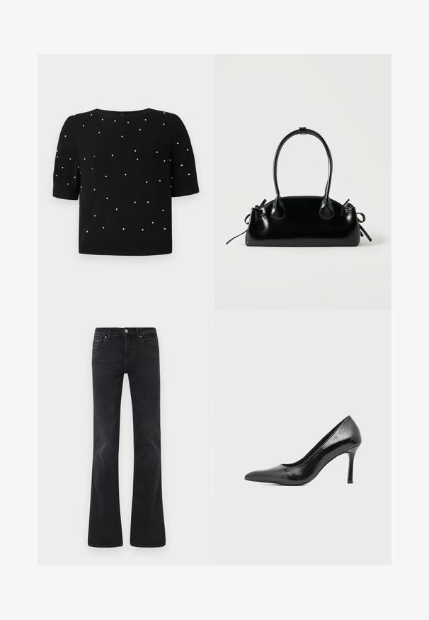 Sort kortærmet sweater med rund halsudskæring og spredte hvide perleaccenter på fronten. Strikket stof med en glat tekstur.; Sorte flagrende jeans lavet af denim, med et klassisk fem-lomme design, knaplukning og subtile sømdetaljer.; Sort laklæder damestilet med spids tå og slank hæl på en ensartet lys baggrund.; Lille sort blank håndtaske med to lange håndtag og snøre-detaljer i siden på en ensfarvet lys baggrund.