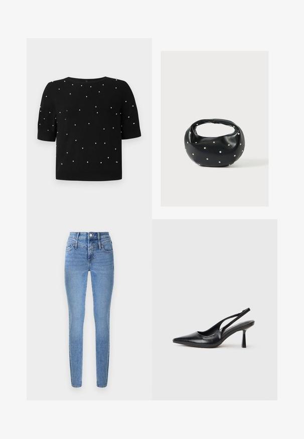 Sort kortærmet sweater med rund halsudskæring og spredte hvide perleaccenter på fronten. Strikket stof med en glat tekstur.; Smaltsiddende jeans i lyseblåt denim med høj talje, to forlommer og lynlåslukning. Har en glat tekstur og subtil falmning.; Sort læderslagback højhælet sko med spids tå og slank hæl på en hvid baggrund.; Sort læderhåndtaske med en rundet form, dekoreret med sølvnitter, og et kort håndtag. Glat tekstur og lynlåslukning.