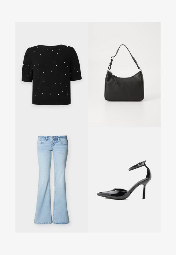 Sort kortærmet sweater med rund halsudskæring og spredte hvide perleaccenter på fronten. Strikket stof med en glat tekstur.; Lyseblå denimjeans med høj talje, knap- og lynlåslukning, lommer foran og bagpå samt vide, flared ben.; Sort laklæder spids tå høj hæl med ankelrem og sølvspænde, stiletthæl, sidevisning på ensfarvet baggrund.; Sort læderhåndtaske med en buet form, en enkelt rem, lynlås lukning og diskret branding på forsiden. Glat tekstur, minimalistisk design.