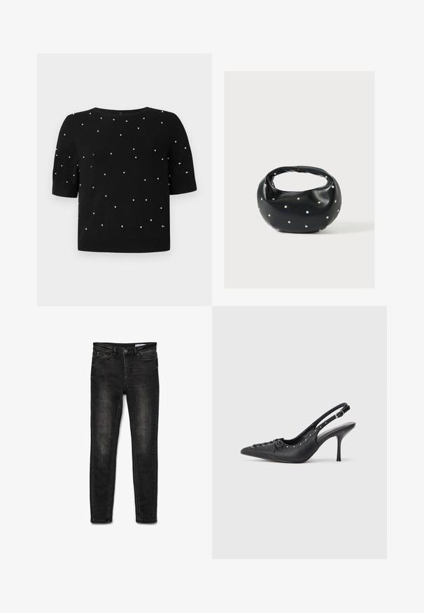 Sort kortærmet sweater med rund halsudskæring og spredte hvide perleaccenter på fronten. Strikket stof med en glat tekstur.; Sorte denim skinny jeans med en mellemhøj talje, klassisk 5-lomme design, let falmning på hofterne og lukning med metalknap.; Sorte læder slingback stiletto med spids tå, side spændebånd, nitter langs kanten og dekorativ snøring foran.; Sort læderhåndtaske med en rundet form, dekoreret med sølvnitter, og et kort håndtag. Glat tekstur og lynlåslukning.