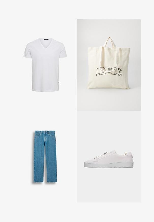 Hvid kortærmet V-hals t-shirt lavet af bomuld, med regulær pasform og et lille logo mærke på den nederste venstre side.; Blå straight-leg jeans i denim med forlommer, bæltestropper og knaplukning, vist mod en hvid baggrund.; Hvid lædersneaker med lavt snit, hvide snørebånd, flad, tekstureret gummisål og minimal syning, vist fra ydersiden på en hvid baggrund.; Canvas tote bag i off-white, med korte håndtag og teksten "LES DEUX" trykt i fede sorte bogstaver. Holdbart, simpelt design.