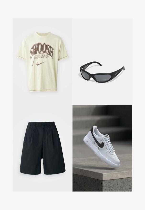 Lichtgele katoenen T-shirt met een ontspannen pasvorm, voorzien van bruine grafische tekst "SWOOSH" en "just do it" samen met een Nike swoosh-logo.; Zwarte shorts met een elastische tailleband en een verstelbare koord. Gemaakt van een gladde stof, met een losse pasvorm en geen zichtbare patronen.; Witte Nike Air Force 1 sneaker met zwart swoosh-logo, zwevend boven een betonnen richel met vervaagde trappen op de achtergrond.; Zwarte zonnebril met een gebogen montuur en donkere lenzen. Beschikt over een matte afwerking en de merknaam "ARNETTE" aan de zijkant.
