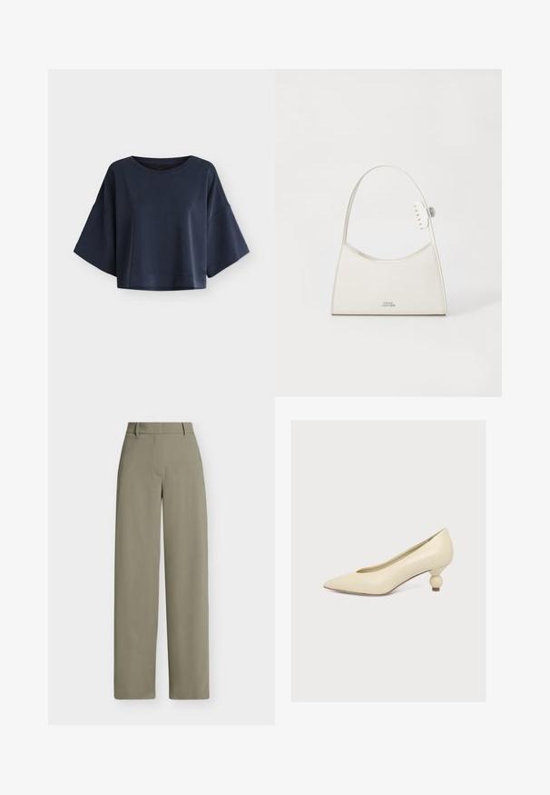 Haut oversize bleu foncé à manches courtes larges et col rond, présenté sur un fond clair uni.; Pantalon kaki à jambes larges avec passants pour ceinture, fermeture éclair à l'avant et taille plate, présenté sur fond blanc.; Escarpin couleur crème à bout pointu avec un talon bas unique en forme de bulbe sur fond blanc uni.; Sac à épaule en cuir blanc avec un dessus arrondi, petite pince à griffes sur la sangle et logo "Marc Jacobs" en argent au centre avant.
