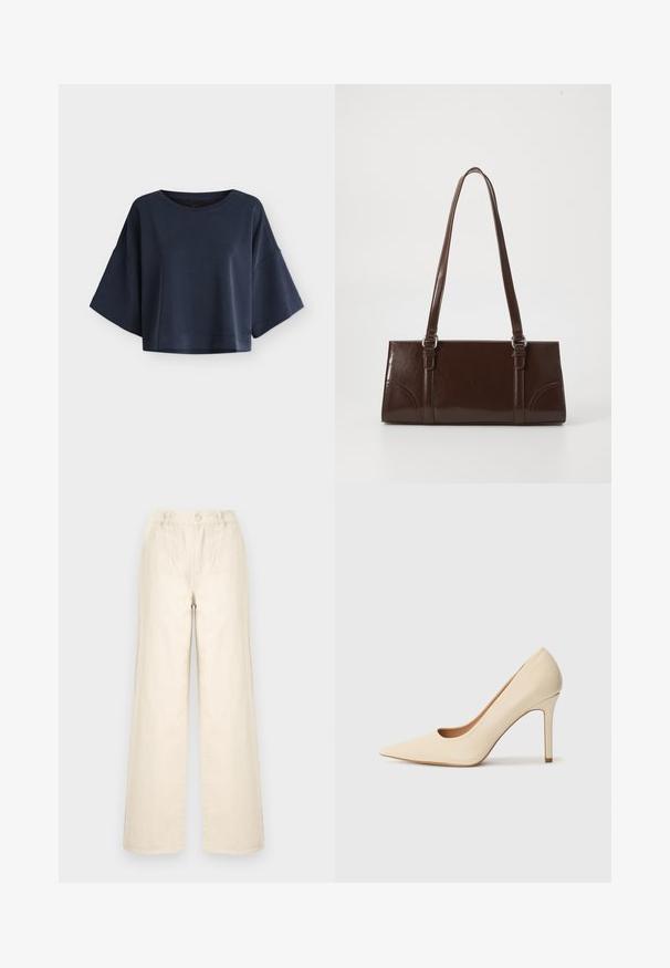 Haut oversize bleu foncé à manches courtes larges et col rond, présenté sur un fond clair uni.; Pantalon large taille haute de couleur crème avec des rayures verticales cousues et une fermeture à boutons sur la ceinture avant.; Escarpin en cuir beige à talon haut avec un bout pointu et un détail découpé sur le côté, possédant un talon stiletto fin pour le soutien.; Sac à main en cuir verni marron de forme rectangulaire, avec deux longues poignées et des accents courbés subtils à l'avant.