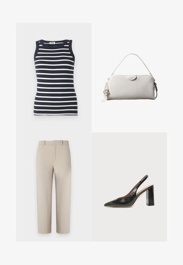 Marineblå og hvidstribet tanktop lavet af ribbet stof, med rund halsudskæring og uden ærmer.; Beige cropped bukser, skræddersyet design, flad foran med skjult lynlås, to sidelommer, lavet af glat bomuldsblandet stof.; Sort læder peep-toe slingback sko med høj blokhæl og beige indvendig foring mod en ensfarvet lys baggrund.; Hvid rektangulær Calvin Klein håndtaske med enkelt håndtag, minimalistisk design og dekorative kvaster med geometrisk metalvedhæng på siden.