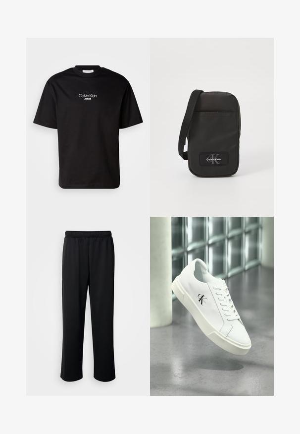 Sort bomulds t-shirt med rund hals, korte ærmer og hvid "Calvin Klein JEANS" logo på forsiden. Simpel og lige skåret design.; Sorte træningsbukser lavet af blødt, åndbart stof. De har en elastisk linning og lige ben uden markante accenter eller mønstre.; Hvid Calvin Klein sneaker med snørebånd, vist svævende over en poleret betongulv og en baggrund af glasblokke.; Sort nylon crossover taske med rektangulær form, rem og et logo-patch foran. Glat tekstur, minimalistisk design og lynlåslukning.