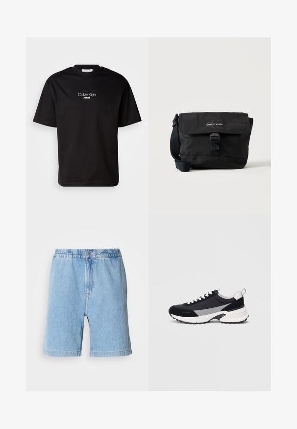 Camiseta de algodón negra con cuello redondo, mangas cortas y logotipo blanco "Calvin Klein JEANS" en el frente. Diseño simple y de corte recto.; Pantalones cortos de mezclilla azul claro con cintura elástica, cierre frontal con botón, bolsillos laterales y un diseño de corte recto. Longitud a mitad del muslo.; Zapatilla atlética negra y gris con parte superior de materiales mixtos, cordones y suela blanca, forma redondeada y acentos texturizados en el talón.; Bolso de hombro negro Calvin Klein con solapa frontal, cierre con hebilla y correa ajustable sobre fondo blanco.