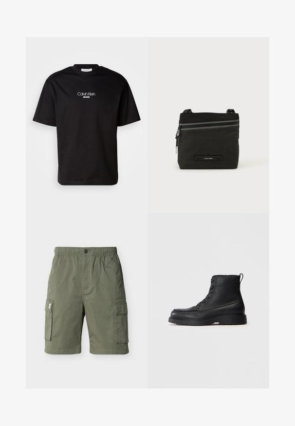 Camiseta de algodón negra con cuello redondo, mangas cortas y logotipo blanco "Calvin Klein JEANS" en el frente. Diseño simple y de corte recto.; Pantalones cortos cargo de color verde oliva con cintura elástica, cierre de botón, dos bolsillos laterales con solapa y bolsillos en la costura lateral, mostrados sobre fondo blanco.; Botín de tobillo negro de cuero texturizado con cordones, suela gruesa y lengüeta en la parte trasera, vista lateral.; Bolso bandolera de Calvin Klein en negro y gris con patrón de cuadrícula, bolsillo frontal con cremallera y correa ajustable sobre fondo blanco.