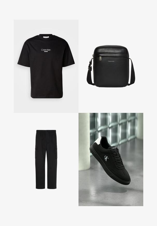 Camiseta de algodón negra con cuello redondo, mangas cortas y logotipo blanco "Calvin Klein JEANS" en el frente. Diseño simple y de corte recto.; Pantalones cargo negros de pierna recta con cintura elástica, cierre de botón y dos bolsillos con solapa en los lados.; Zapatilla negra de Calvin Klein con lengüeta trasera blanca y logo CK en el lateral, flotando sobre un suelo de hormigón pulido y un fondo de pared de bloques de vidrio.; Bolso bandolera negro de Calvin Klein con correa ajustable, bolsillo frontal con cremallera y logotipo sutil en superficie de piel texturizada.