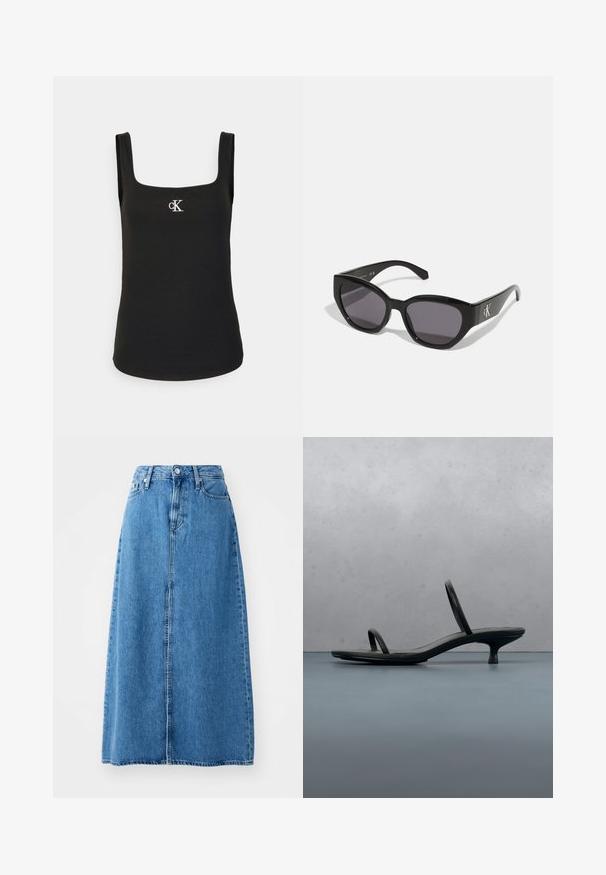 Sort ærmeløs ribbet tanktop med firkantet halsudskæring og lille hvidt CK-logo midt på brystet.; Blå denim maxi nederdel med frontknaplukning, to lommer og lige design med rå kant. Klassisk og alsidig.; Sort Calvin Klein sandal med hæl og tynde stropper, balancerende på træfliser udendørs nær en væg og grønne planter.; Sorte solbriller med et strømlinet, vinklet design, mørke linser og et kontrasterende sølvlogo på siden. Glat plastoverflade.