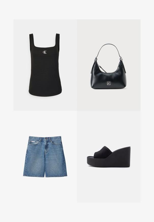 Sort ærmeløs ribbet tanktop med firkantet halsudskæring og lille hvidt CK-logo midt på brystet.; Blå denimshorts med knapper foran, lynlås, bæltestropper, forlommer og et lille Calvin Klein-mærke på højre lomme.; Sort platforms kile slide-sandal med lukket tå og stoffoverdel samt høj, solid sål mod en ensfarvet lys baggrund.; Sort læder skuldertaske med et enkelt håndtag, lynlåslukning og et lille kvadratisk sølvlogo på forsiden.