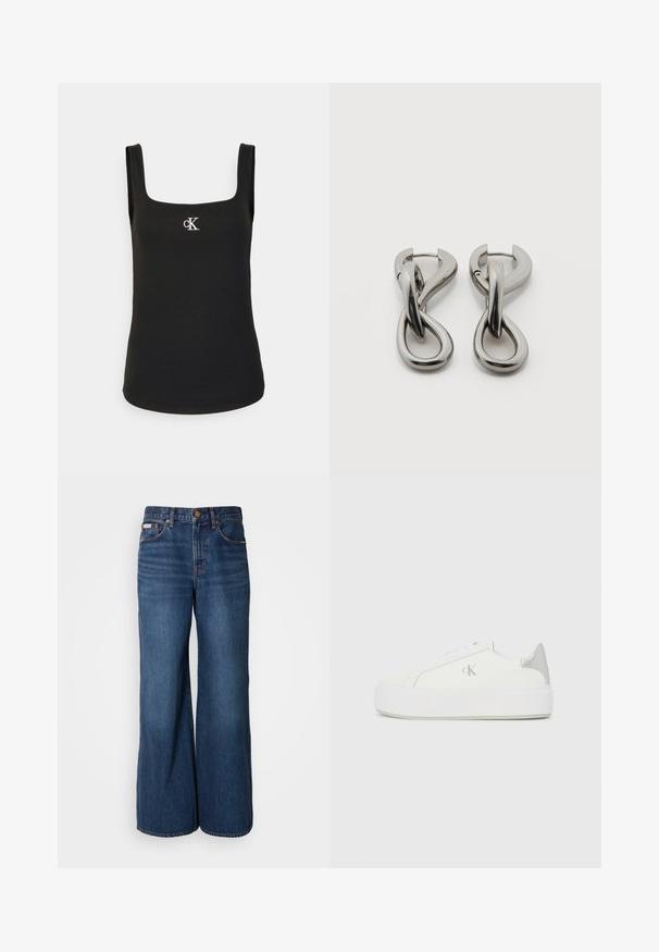 Sort ærmeløs ribbet tanktop med firkantet halsudskæring og lille hvidt CK-logo midt på brystet.; Bredde jeans lavet af mørkeblåt denim. Funktioner inkluderer en høj talje, fem lommer og kontrasterende orange syninger langs sømmene.; Hvide lærredssneakers med en tyk hvid sål, prydet med en metallic sølvaccent på hælen og en diskret logo-detalje på siden.; Par af sølvtonede metale øreringe med abstrakt sammenflettet løbedesign på hvid baggrund.