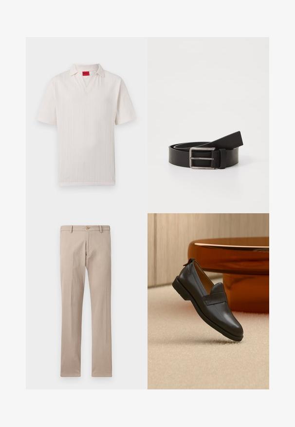 Polo blanc à manches courtes en tissu texturé, avec une étiquette de marque Hugo rouge à l'intérieur du col et une ouverture en V.; Pantalon beige à jambes droites avec passants pour ceinture, fermeture avant par bouton, et poches, présenté sur un fond blanc uni.; Mocassin en cuir noir à talon bas flottant au-dessus d'un tapis beige, à côté d'une table brillante couleur ambre dans une pièce minimaliste.; Ceinture en cuir noir avec une finition mate, dotée d'une boucle métallique rectangulaire et d'une sangle affichant le logo Calvin Klein.