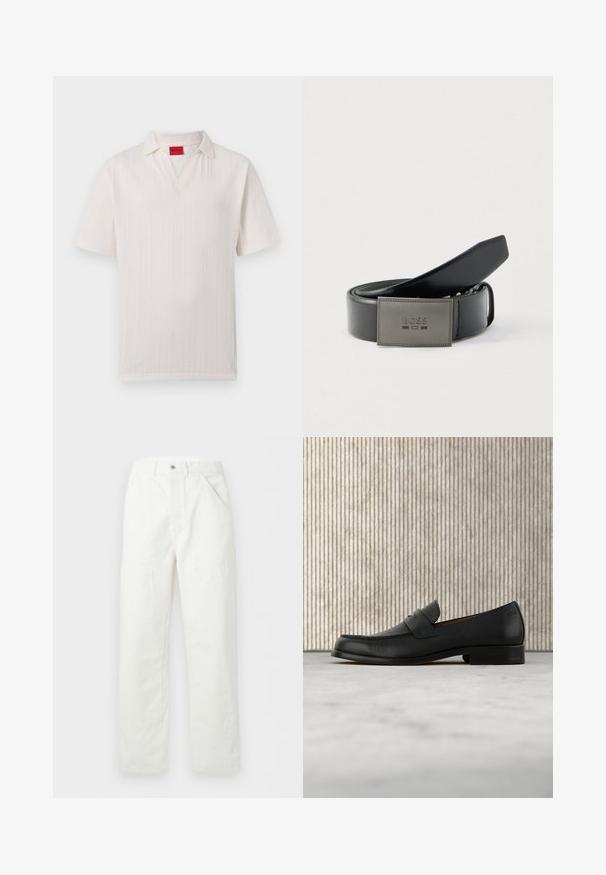 Polo blanc à manches courtes en tissu texturé, avec une étiquette de marque Hugo rouge à l'intérieur du col et une ouverture en V.; Pantalon blanc à jambes droites avec poches avant, passants pour ceinture et fermeture par bouton à la taille, présenté sur un fond uni.; Mocassin en cuir noir flottant au-dessus d'un tapis beige avec une table ronde brune brillante en arrière-plan.; Ceinture en cuir noir avec une finition lisse, dotée d'une boucle rectangulaire en métal gris embossée du logo "BOSS". Design élégant et simple.