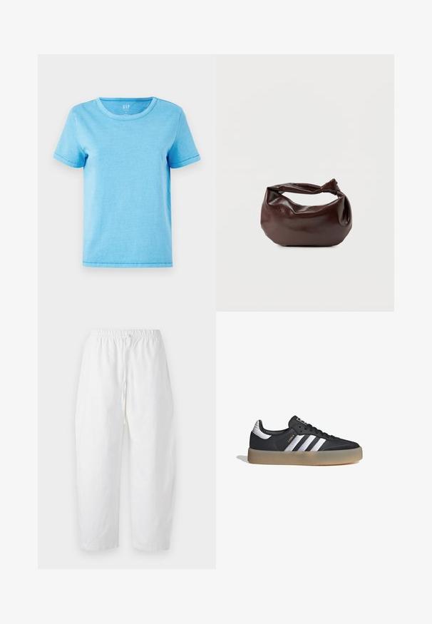 Camiseta de algodón de color azul claro con cuello redondo, mangas cortas y detalles de costura visibles en los dobladillos. Diseño simple y sin adornos.; Abercrombie & Fitch PULL ON BARREL - Pantalones - white; Zapatilla deportiva de cuero negro con tres rayas plateadas, punta texturizada y suela de goma. Cuenta con un collar acolchado y un diseño con cordones.; Bolso de hombro de cuero marrón oscuro con una forma suave y caída, y un asa con nudo torcido sobre un fondo blanco liso.