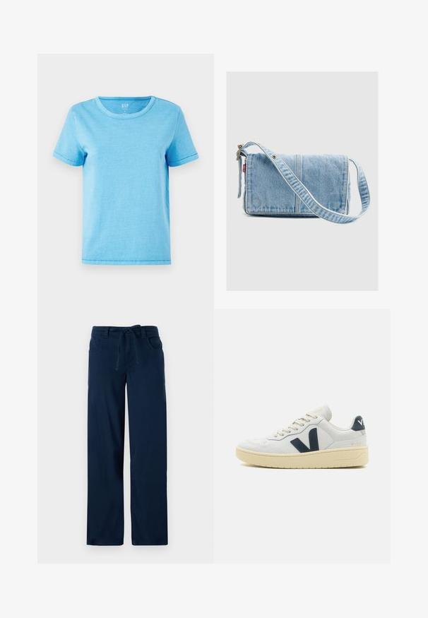 Camiseta de algodón de color azul claro con cuello redondo, mangas cortas y detalles de costura visibles en los dobladillos. Diseño simple y sin adornos.; Pantalones de pierna ancha de color azul marino hechos de una mezcla de algodón, con cintura ajustable, dos bolsillos delanteros y una textura suave.; Zapatillas blancas de cuero con un acabado texturizado, acento en azul marino en el logotipo lateral, y una suela de goma color crema. Presentan un cierre con cordones y un cuello acolchado.; Bolso bandolera de mezclilla azul claro con correa ajustable y etiqueta roja de Levi's en el lado izquierdo, sobre un fondo gris claro liso.