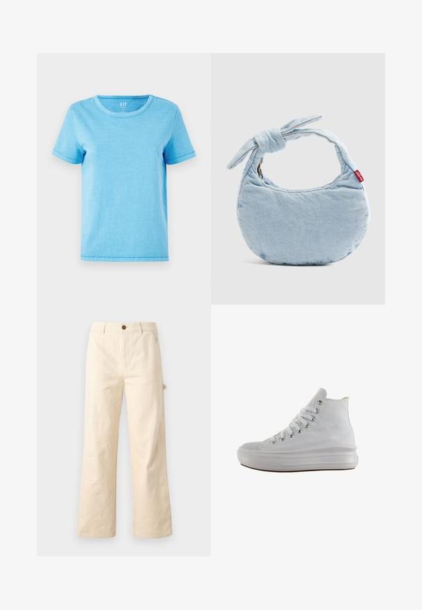 Camiseta de algodón de color azul claro con cuello redondo, mangas cortas y detalles de costura visibles en los dobladillos. Diseño simple y sin adornos.; Pantalones de pierna ancha en color beige, hechos de algodón, con cierre de botón, que cuentan con bolsillos laterales y un diseño limpio y minimalista.; Zapatilla de lona blanca de caña alta con cordones blancos, ojales metálicos, suela gruesa de goma y puntera texturizada, mirando hacia la izquierda sobre un fondo blanco.; Bolso de hombro de mezclilla azul claro con un detalle de nudo en la asa y una pequeña etiqueta roja de Levi's en el lateral.