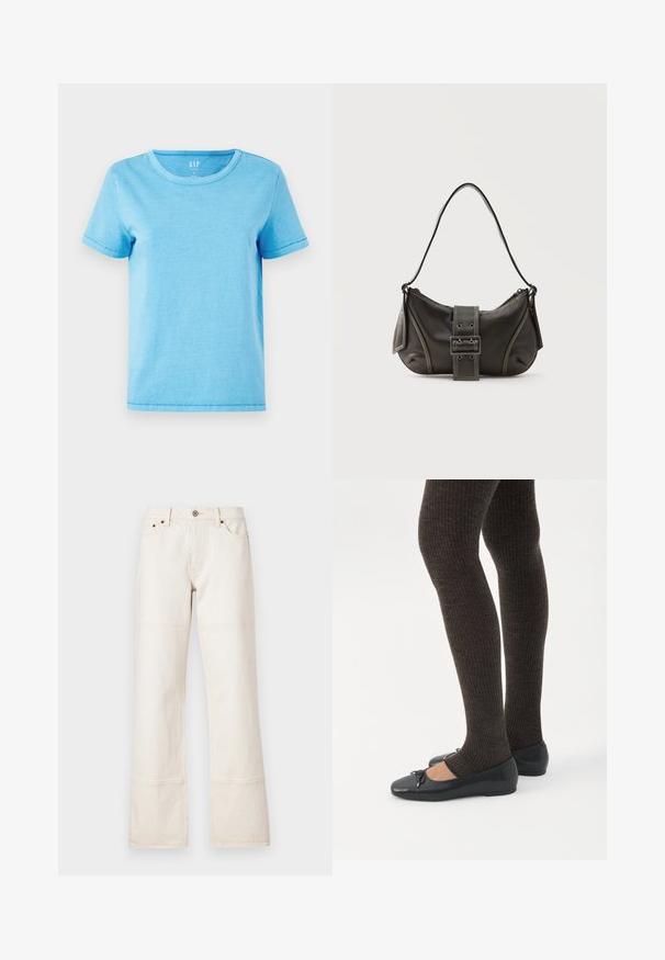 Camiseta de algodón de color azul claro con cuello redondo, mangas cortas y detalles de costura visibles en los dobladillos. Diseño simple y sin adornos.; Jeans de pierna ancha y cintura alta hechos de denim beige. Cuentan con bolsillos, un cierre de botón en la parte frontal y costuras en contraste a lo largo de las costuras.; Piernas con leggings oscuros acanalados combinados con bailarinas negras que presentan pequeños detalles de lazo sobre un fondo blanco.; Bolso de hombro de cuero negro con detalle de correa con hebilla, bordes curvos y costuras blancas en contraste sobre un fondo liso.