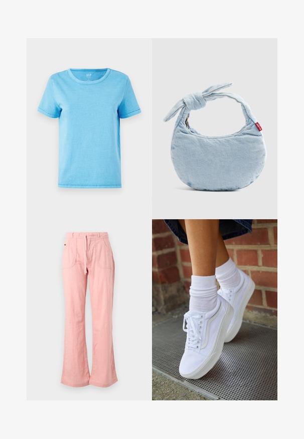 Camiseta de algodón de color azul claro con cuello redondo, mangas cortas y detalles de costura visibles en los dobladillos. Diseño simple y sin adornos.; Pantalones anchos de color rosa claro, confeccionados con una tela suave, que cuentan con una cintura con cordón, dos bolsillos frontales y un acabado texturizado.; Zapatillas de lona blancas con suelas de goma, que presentan seis ojales, puntera redonda y detalles de costura ligera, combinadas con calcetines blancos hasta el tobillo.; Bolso de hombro de mezclilla azul claro con un detalle de nudo en la asa y una pequeña etiqueta roja de Levi's en el lateral.