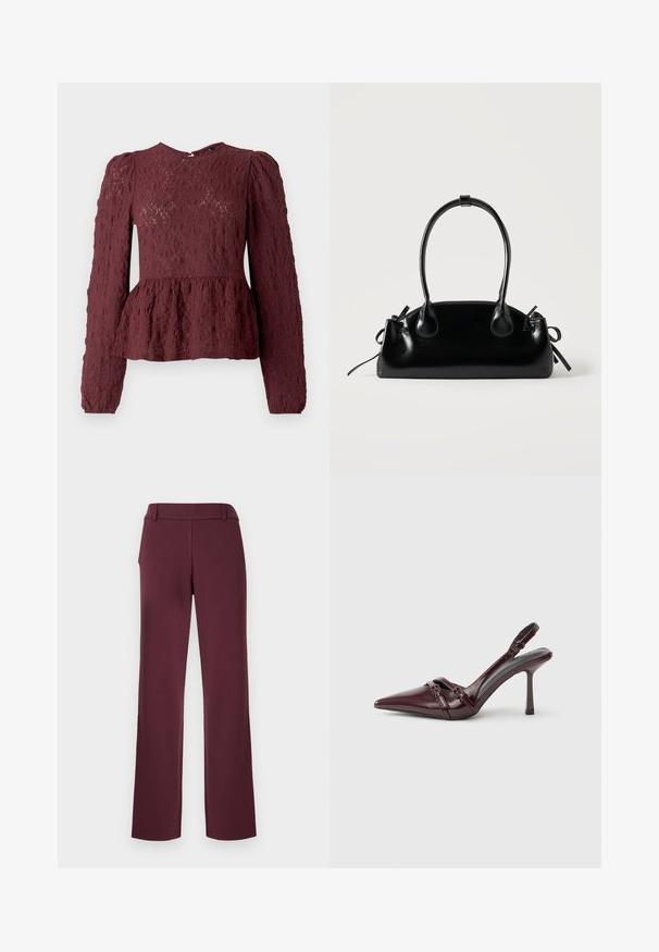 Top peplum burdeos hecho de encaje texturizado, con mangas largas, cuello alto y una cintura ligeramente plisada. Cierre de cremallera en la parte posterior.; Pantalones burdeos con diseño de pierna recta, confeccionados en una tela suave, que cuentan con una pretina plana y detalles sutiles de costuras.; Zapato de tacón slingback de charol burdeos con puntera puntiaguda, fina correa en el tobillo y pequeño detalle decorativo de hebilla. Textura suave y tacón alto.; Pequeño bolso negro brillante con dos asas largas y detalles de cordón lateral sobre un fondo claro liso.