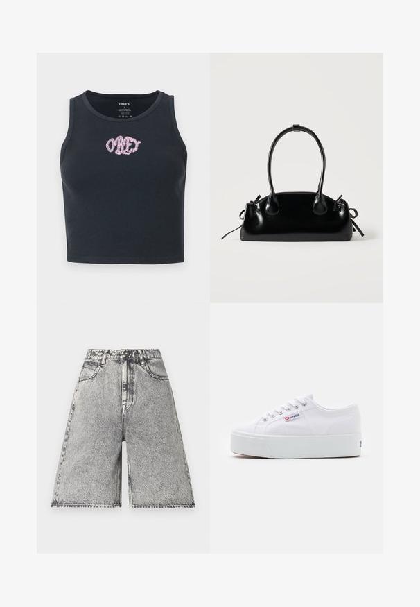Débardeur noir côtelé en coton avec un col rond et un logo "OBEY" brodé en rose sur la poitrine.; Shorts en denim avec un motif délavé noir et gris, présentés avec une taille haute, des passants de ceinture et cinq poches. Les bords sont finis.; Baskets en toile blanches avec une épaisse semelle plateforme blanche, bout rond et œillets en métal pour les lacets. Logo de la marque affiché sur le côté.; Petit sac à main noir brillant avec deux longues anses et des détails à cordon sur les côtés sur un fond clair uni.