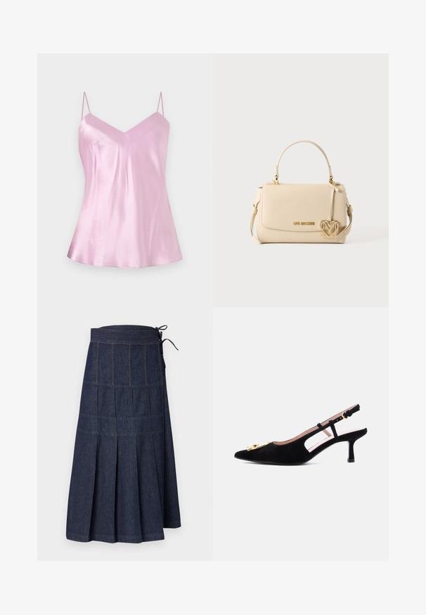 Camisole en satin rose clair avec fines bretelles spaghetti réglables et un léger décolleté en V, présenté sur un fond blanc uni.; Jupe midi en denim bleu foncé avec larges plis et détail lacé sur le côté, avec des coutures contrastées orange.; Chaussure à talon kitten en daim noir, à bride arrière, bout pointu et détail de boucle dorée sur fond gris clair.; Sac à main Love Moschino couleur crème avec poignée supérieure, fermeture à rabat et breloque logo cœur doré sur fond uni.