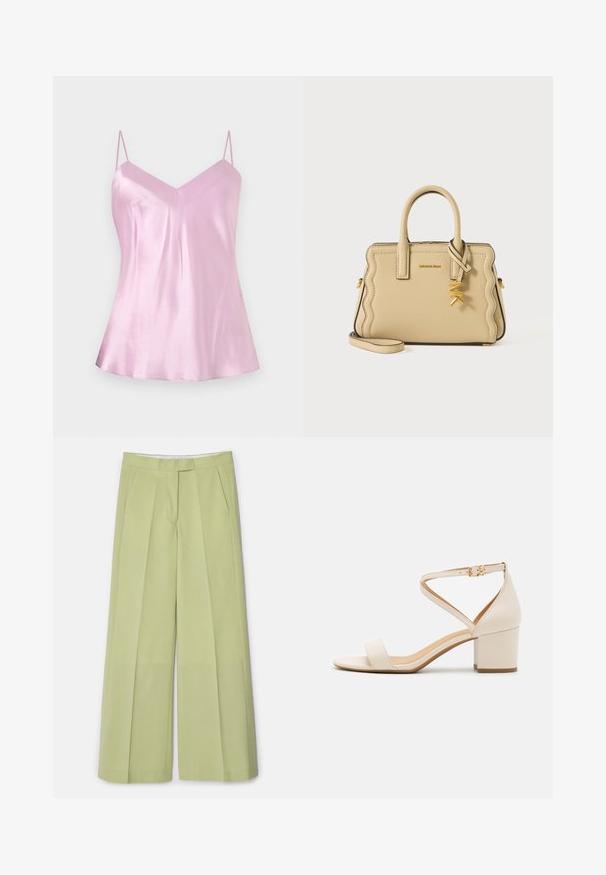Camisole en satin rose clair avec fines bretelles spaghetti réglables et un léger décolleté en V, présenté sur un fond blanc uni.; Pantalons larges vert clair en tissu lisse, avec plis devant, deux poches latérales et une coupe droite.; Sandales à talon bloc beiges présentant un design minimaliste, bout ouvert et une sangle de cheville ajustable avec une boucle dorée. Texture lisse.; Sac à main en cuir beige avec bords festonnés, poignées supérieures, breloque dorée "MK" et bandoulière amovible sur fond uni.