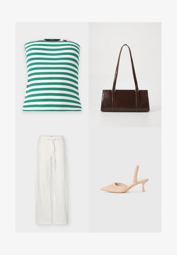 Débardeur à rayures vertes et blanches en tissu côtelé, offrant une coupe ajustée et un ourlet droit. Pas de matériel ou accents visibles.; Pantalon blanc à jambes larges avec poches avant et ceinture en tissu nouée à la taille, présenté sur un fond uni.; Chausson slingback beige à bout pointu avec un petit talon carré. Matériau synthétique lisse, côtés ouverts et détails de design minimalistes.; Sac à main en cuir verni marron de forme rectangulaire, avec deux longues poignées et des accents courbés subtils à l'avant.