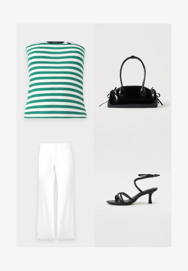 Débardeur à rayures vertes et blanches en tissu côtelé, offrant une coupe ajustée et un ourlet droit. Pas de matériel ou accents visibles.; Pantalons en lin blanc avec une jambe droite, fermeture à bouton et sans motifs visibles. Texture lisse et design minimaliste.; Even&Odd Wide Fit by Zalando Sandales - black; Petit sac à main noir brillant avec deux longues anses et des détails à cordon sur les côtés sur un fond clair uni.