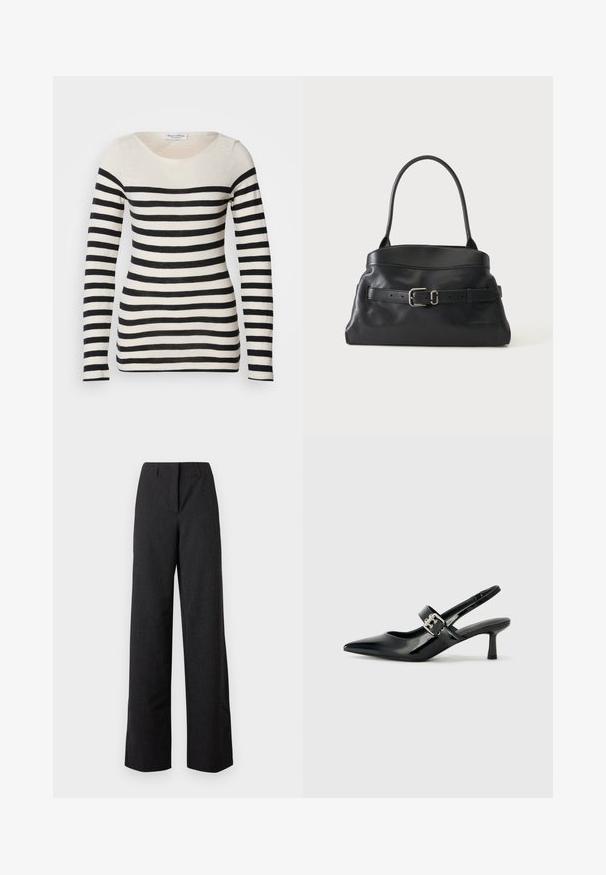 Top de manga larga a rayas en beis y negro. Cuenta con un escote redondeado y rayas horizontales de diferentes anchos. Textura de tela suave.; Pantalones de mujer negros de tiro alto y pierna ancha, con cierre frontal oculto y trabillas para cinturón.; Zapatos de tacón en charol negro con tira al tobillo, punta afilada y un pequeño tacón bloque, que cuentan con un acento de hebilla plateada en la correa.; Bolso de cuero negro con una sola correa para el hombro y un cinturón decorativo con una hebilla plateada en la parte delantera.
