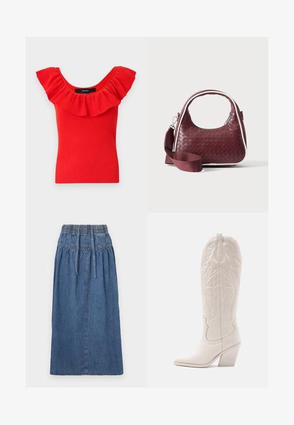 Haut rouge à rayures avec un décolleté large et froncé. Le matériau a une texture douce avec une silhouette ajustée. Étiquette de la marque visible à l'intérieur.; Jupe midi en denim avec une taille élastiquée, une fermeture à cordon de serrage, et une silhouette droite. Couleur bleue avec une texture subtile et des détails de couture.; Bottine de cowboy en cuir blanc avec un bout pointu et un talon bloc. Présente des motifs de broderie complexes sur la tige et une texture lisse.; Sac à main en cuir tressé marron foncé avec poignée courbée, garniture blanche, fermeture éclair argentée et bandoulière large en tissu amovible sur fond uni.