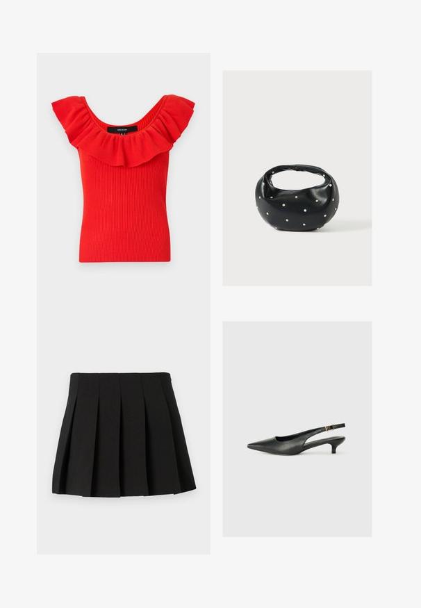Haut rouge à rayures avec un décolleté large et froncé. Le matériau a une texture douce avec une silhouette ajustée. Étiquette de la marque visible à l'intérieur.; Jupe mini plissée noire avec un design structuré, fabriquée à partir d'un tissu lisse. Dispose d'une taille et de plis verticaux régulièrement espacés.; Chaussure slingback noire à bout pointu en cuir lisse. Présente un talon fin et un détail de boucle sur la sangle réglable.; Sac à main en cuir noir de forme arrondie, décoré de clous argentés et équipé d'une poignée courte. Texture lisse et fermeture éclair.