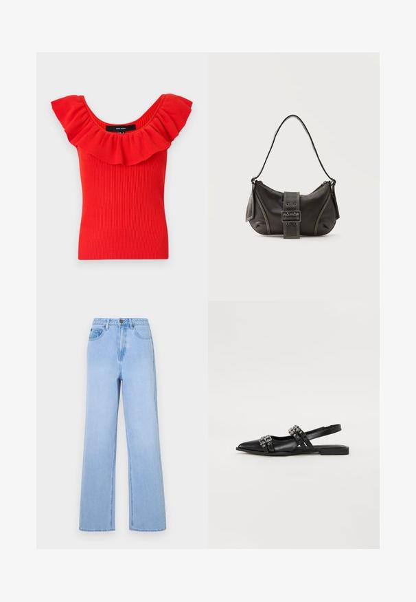 Haut rouge à rayures avec un décolleté large et froncé. Le matériau a une texture douce avec une silhouette ajustée. Étiquette de la marque visible à l'intérieur.; Jean taille haute bleu clair avec une coupe évasée, en denim. Comprend des coutures visibles et un style à cinq poches.; Even&Odd by Zalando Ballerines à brides arrière - black; Sac à épaule en cuir noir avec une sangle à boucle, des bords arrondis et des coutures blanches contrastées sur un fond uni.