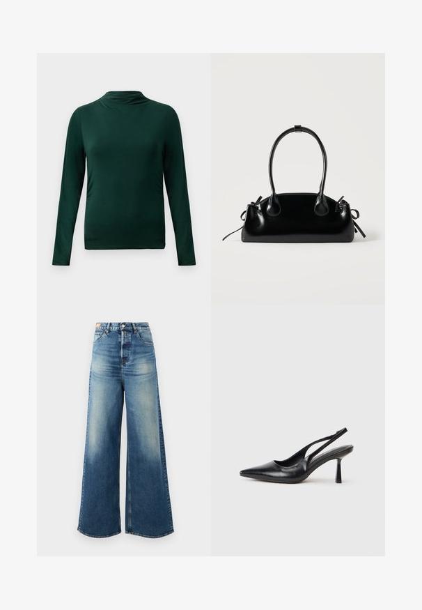 Mørkegrøn langærmet let top med høj hals og tætsiddende silhuet mod en ensfarvet lys baggrund.; Bredde ben blue denim jeans med en falmet finish, høj talje og klassisk fem-lomme design. Har kobber hardware og flossede kanter.; Sort læderslagback højhælet sko med spids tå og slank hæl på en hvid baggrund.; Lille sort blank håndtaske med to lange håndtag og snøre-detaljer i siden på en ensfarvet lys baggrund.