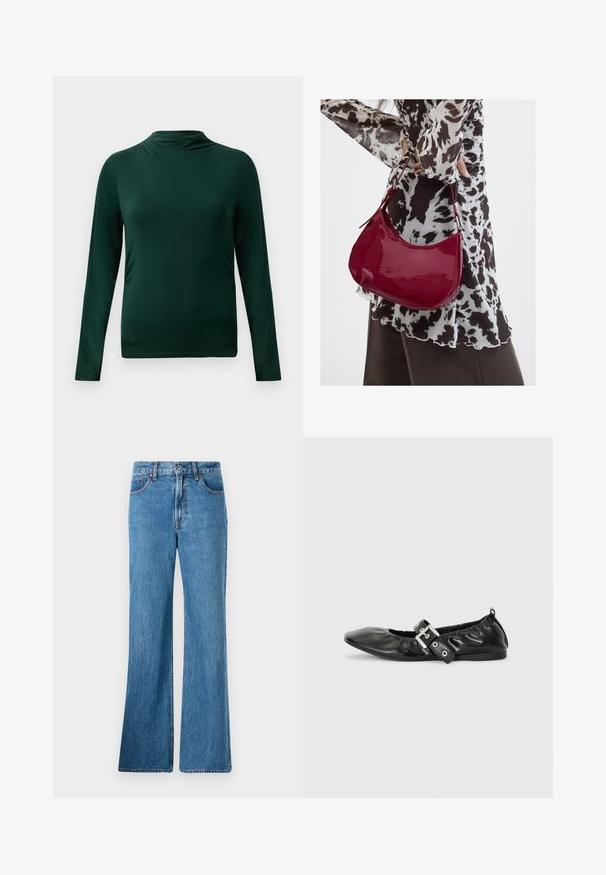 Mørkegrøn langærmet let top med høj hals og tætsiddende silhuet mod en ensfarvet lys baggrund.; Lyseblå denim flared jeans har en høj talje, forlommer og klassisk syning. Stoffet har en struktureret finish.; Sorte læder flade sko med spids tå, samling detaljer omkring åbningen, og en sølv spænde accent på den justerbare rem.; Kvinde iført en sort- og hvidmønstret bluse, der holder en blank rød skuldertaske mod en ensfarvet baggrund.
