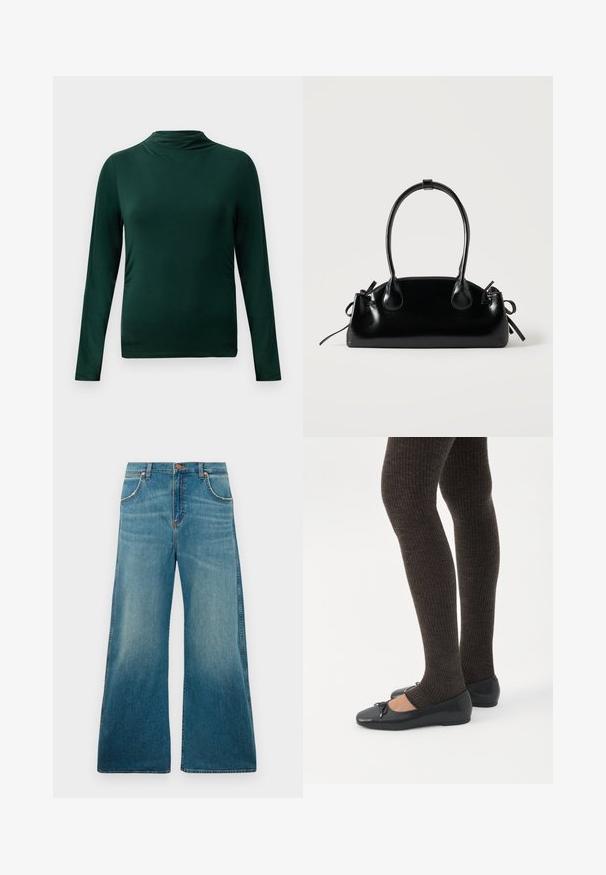 Mørkegrøn langærmet let top med høj hals og tætsiddende silhuet mod en ensfarvet lys baggrund.; Højtaljede blå denimjeans med brede ben, frontlommer, knaplukning og en falmet farvegradient fra talje til kant.; Ben iført mørke ribbede leggings kombineret med sorte balletsko med små sløjfedetaljer på hvid baggrund.; Lille sort blank håndtaske med to lange håndtag og snøre-detaljer i siden på en ensfarvet lys baggrund.