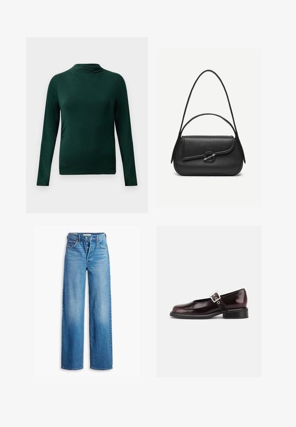 Mørkegrøn langærmet let top med høj hals og tætsiddende silhuet mod en ensfarvet lys baggrund.; Blå denimjeans med høj talje, vidde ben og fem lomme-design. Har en knaplukning og en falmet finish.; En enkelt blank mørk burgunder Mary Jane sko med bred rem og sølvspænde, lav blokhæle og rundet tå på hvid baggrund.; Sort læderhåndtaske med afrundede kanter, asymmetrisk klap, metalcirkulært spænde samt både korte og lange skulderstropper.