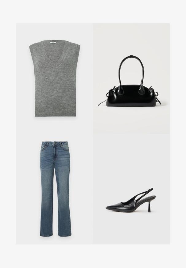 Grauer ärmelloser V-Ausschnitt-Pullover aus weichem Material mit glatter Textur und geripptem Ausschnitt. Einfaches Design, ohne Muster oder Akzente.; Blaue gerade geschnittene Denim-Jeans mit vorderem Knopf- und Reißverschluss, vorderen und hinteren Taschen sowie dezenten verblassten Details.; Schwarzer Leder Slingback High Heel Schuh mit spitzer Zehenpartie und schmalem Absatz auf einem weißen Hintergrund.; Kleine schwarze glänzende Handtasche mit zwei langen Griffen und seitlichen Kordelzug-Details vor einfachem hellem Hintergrund.