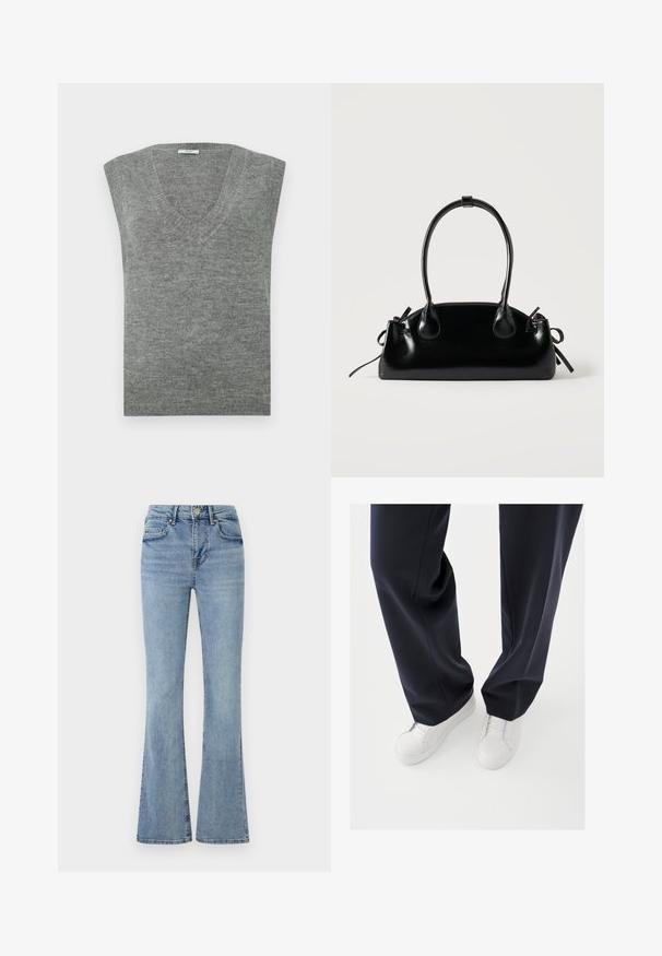 Suéter gris sin mangas en cuello en V, confeccionado en un material suave con una textura lisa y cuello acanalado. Diseño simple, sin patrones ni acentos.; Jeans de mezclilla azul claro con cintura alta, con botón y cremallera en la parte frontal, cinco bolsillos y piernas ligeramente acampanadas.; Zapatillas blancas con suelas de goma texturizadas y cordones planos, combinadas con pantalones azul marino oscuro que muestran una tela suelta, suave y un corte a medida.; Pequeño bolso negro brillante con dos asas largas y detalles de cordón lateral sobre un fondo claro liso.