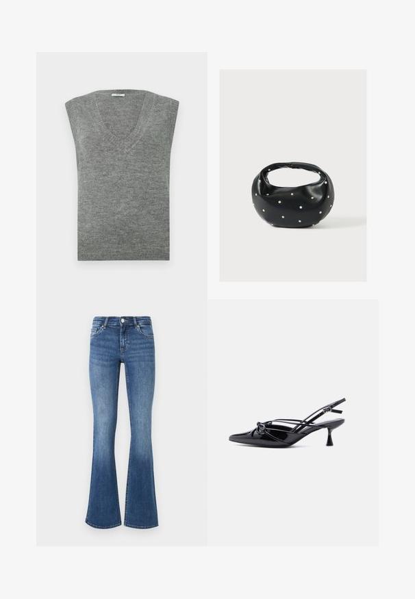 Grauer ärmelloser V-Ausschnitt-Pullover aus weichem Material mit glatter Textur und geripptem Ausschnitt. Einfaches Design, ohne Muster oder Akzente.; Blaue Jeans im Flared-Stil mit mittlerem Waschung, ausgestattet mit fünf Taschen, einem Knopfverschluss und einer leicht abgenutzten Textur am Saum.; Schwarzer Slingback-Pumps aus Lackleder mit spitzer Zehenpartie, niedrigem Kitten-Heel und dekorativer, geknoteter Schleife vorne.; Schwarze Lederhandtasche mit abgerundeter Form, verziert mit silbernen Nietenakzenten und kurzem Griff. Glatte Struktur und Reißverschlussverschluss.