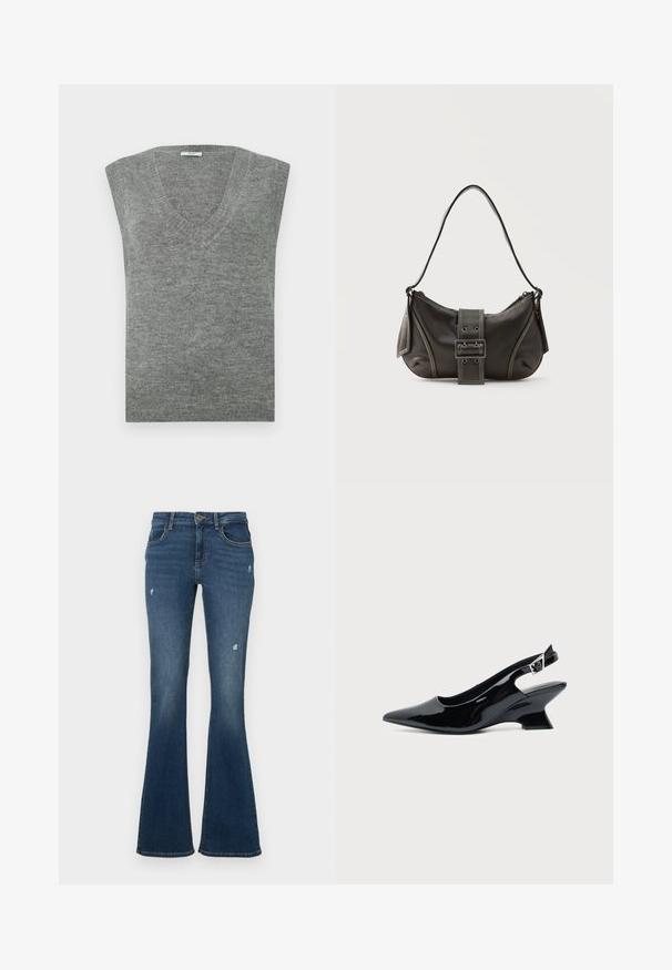 Grauer ärmelloser V-Ausschnitt-Pullover aus weichem Material mit glatter Textur und geripptem Ausschnitt. Einfaches Design, ohne Muster oder Akzente.; Jeans aus dunkelblauem Denim mit ausgestelltem Bein und abgenutzten Stellen. Verfügt über fünf Taschen und einen Reißverschluss. Mittelgewichtiger Stoff mit glatter Textur.; Schwarzer Slingback-Schuh aus Lackleder mit spitzer Spitze und niedrigem, schrägem Blockabsatz auf einfachem hellem Hintergrund.; Schwarze Leder-Schultertasche mit Schnallengurt-Detail, abgerundeten Kanten und kontrastierenden weißen Nähten auf schlichtem Hintergrund.