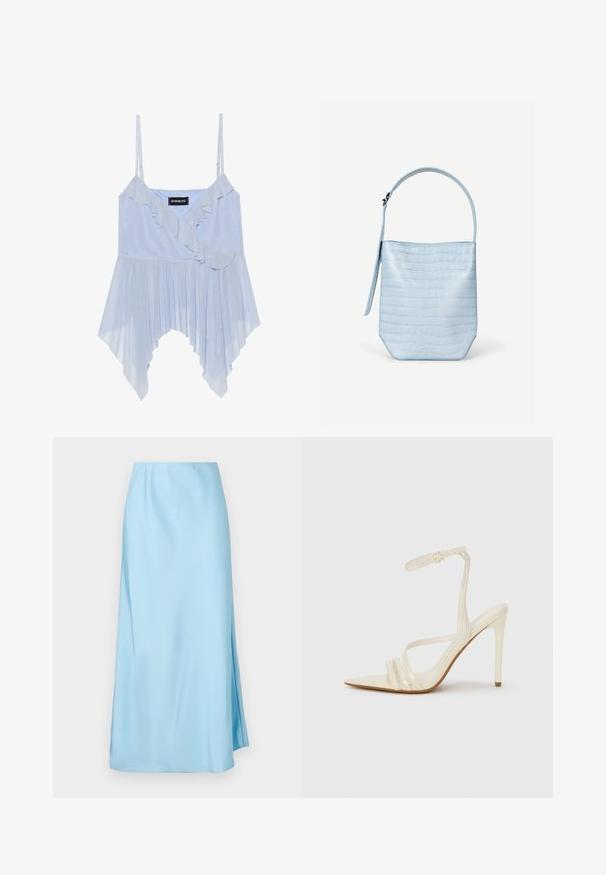 Even&Odd Débardeur - sky blue; Jupe midi bleu clair avec une texture lisse, dotée d'une légère fente latérale et d'une ceinture élastique pour le confort et la facilité de port.; Sandales à talons hauts beiges avec un bout pointu, comportant trois brides à l'avant et une fine bride à la cheville avec une boucle. Texture lisse, design minimaliste.; Sac à main bleu clair avec texture crocodile, forme rectangulaire, poignée unique en haut et une bandoulière latérale suspendue sur un fond blanc uni.