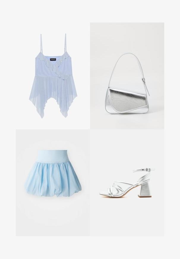 Even&Odd by Zalando Débardeur - sky blue; Jupe bouffante bleu clair avec une large ceinture élastique. Fabriquée en tissu doux et léger avec un design fluide et froncé.; Sandale argentée à brides avec talon bloc et bride à boucle à la cheville, bout ouvert et semelle lisse sur fond blanc uni.; Sac à main en métal argenté de forme triangulaire, texture lisse et fine bandoulière réglable. Présente un design rabat avec couture.