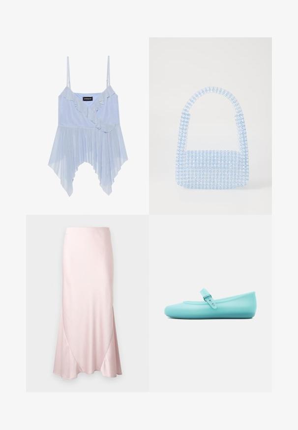 Even&Odd by Zalando Top - sky blue; Lichtroze satijnen midi-rok met een A-lijn silhouet en subtiele diagonale naaddetails op een effen achtergrond.; Lichtblauwe Mary Jane-schoen met verstelbare gesp en afgeronde neus, zijaanzicht op een effen achtergrond.; Blauwe transparante handtas gemaakt van in elkaar grijzende kralen, met een gestructureerde vorm en een korte handgreep, voorzien van een gladde textuur en een glanzende afwerking.