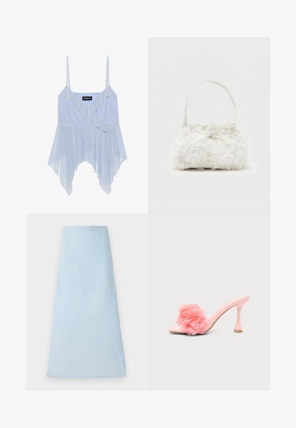 Even&Odd by Zalando Top - sky blue; Lichtblauwe A-lijn rok van een soepele stof, met een strak design zonder zichtbare patronen of accenten, die tot halverwege de benen reikt.; Roze hoge hak mule sandaal met een vierkante neus en grote stoffen bloemenversiering op het voorste bandje.; Kleine witte handtas met stoffen rozen die het geheel bedekken en een dunne, enkele band als handvat, op een effen achtergrond.